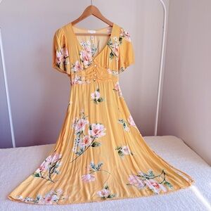 Leith Women's Floral Midi Dress, V-Neck, Zip Side, Yellow, XS
